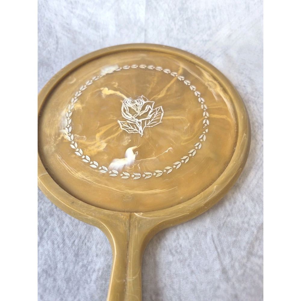 Vintage Large Hand Held Vanity Mirror with Floral Design 1950s Gold Tan - Picture 3 of 13